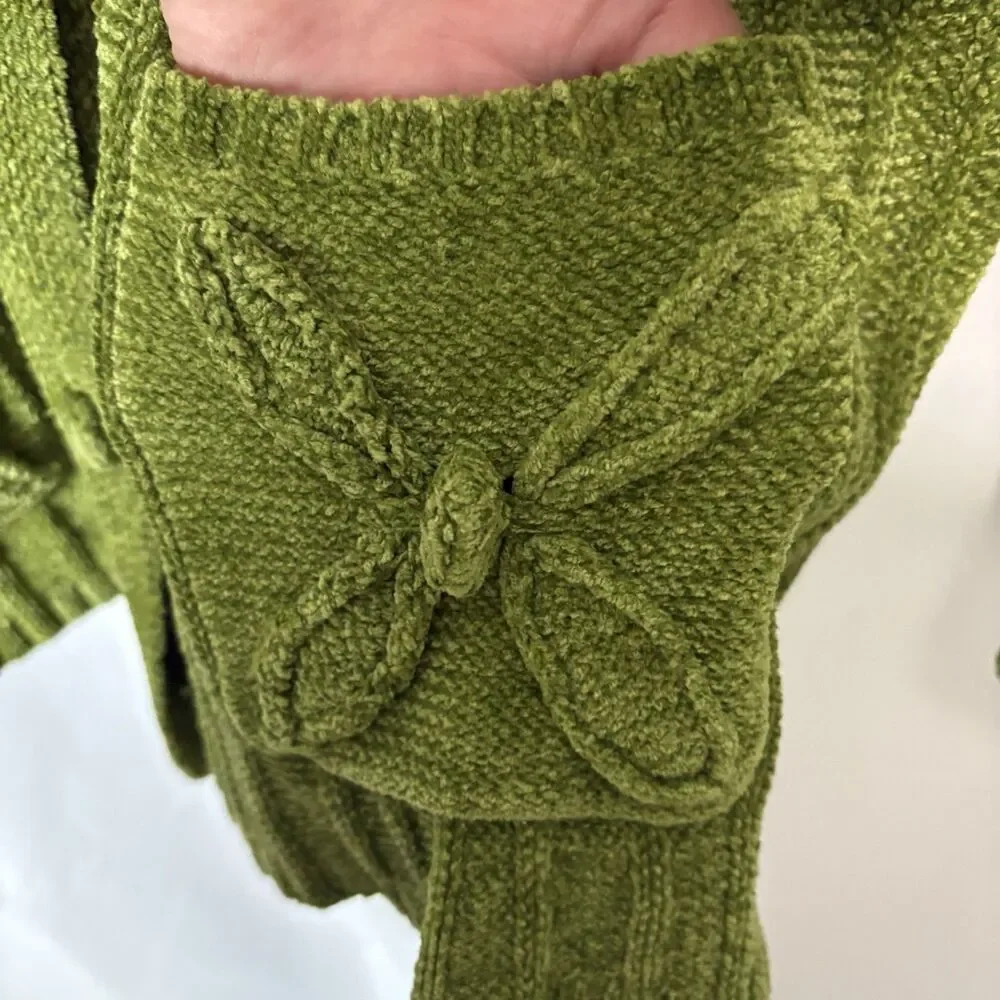 Vintage 90s Small Chenille Sweater Cardigan Peter Pan Collar Pockets‎ Green Cozy